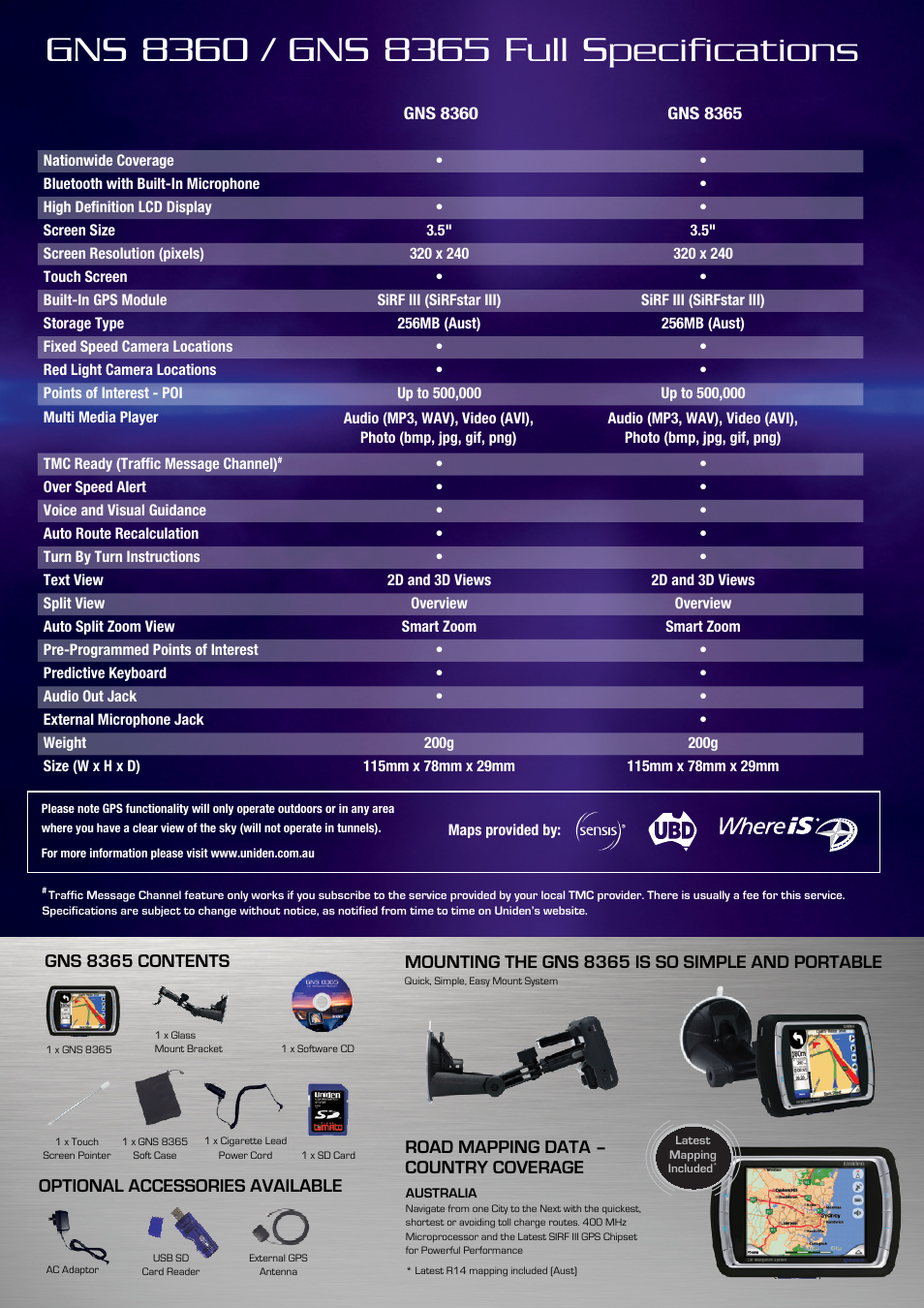 Gns 8365 contents, Optional accessories available | Uniden GNS 8365 User Manual | Page 2 / 2