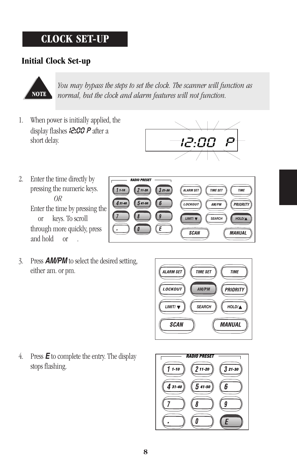 Clock set-up, Initial clock set-up, I2:00 p | Uniden BEARCAT UBC248CLT User Manual | Page 11 / 40