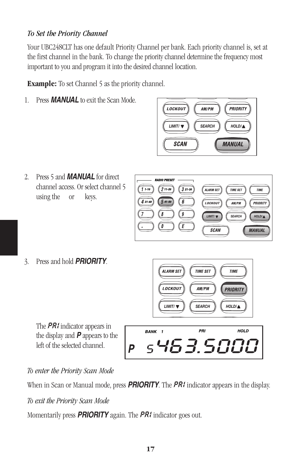 Keys. 3. press and hold priority . the, Indicator goes out | Uniden BEARCAT UBC248CLT User Manual | Page 20 / 40