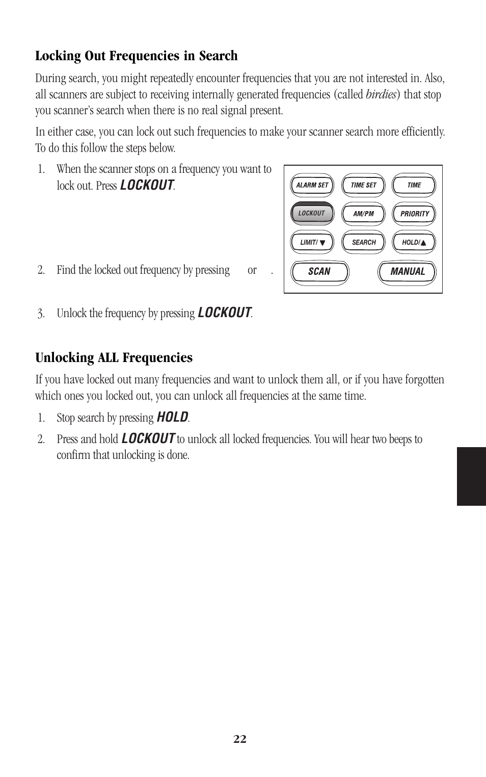 Locking out frequencies in search, Unlocking all frequencies | Uniden BEARCAT UBC248CLT User Manual | Page 25 / 40