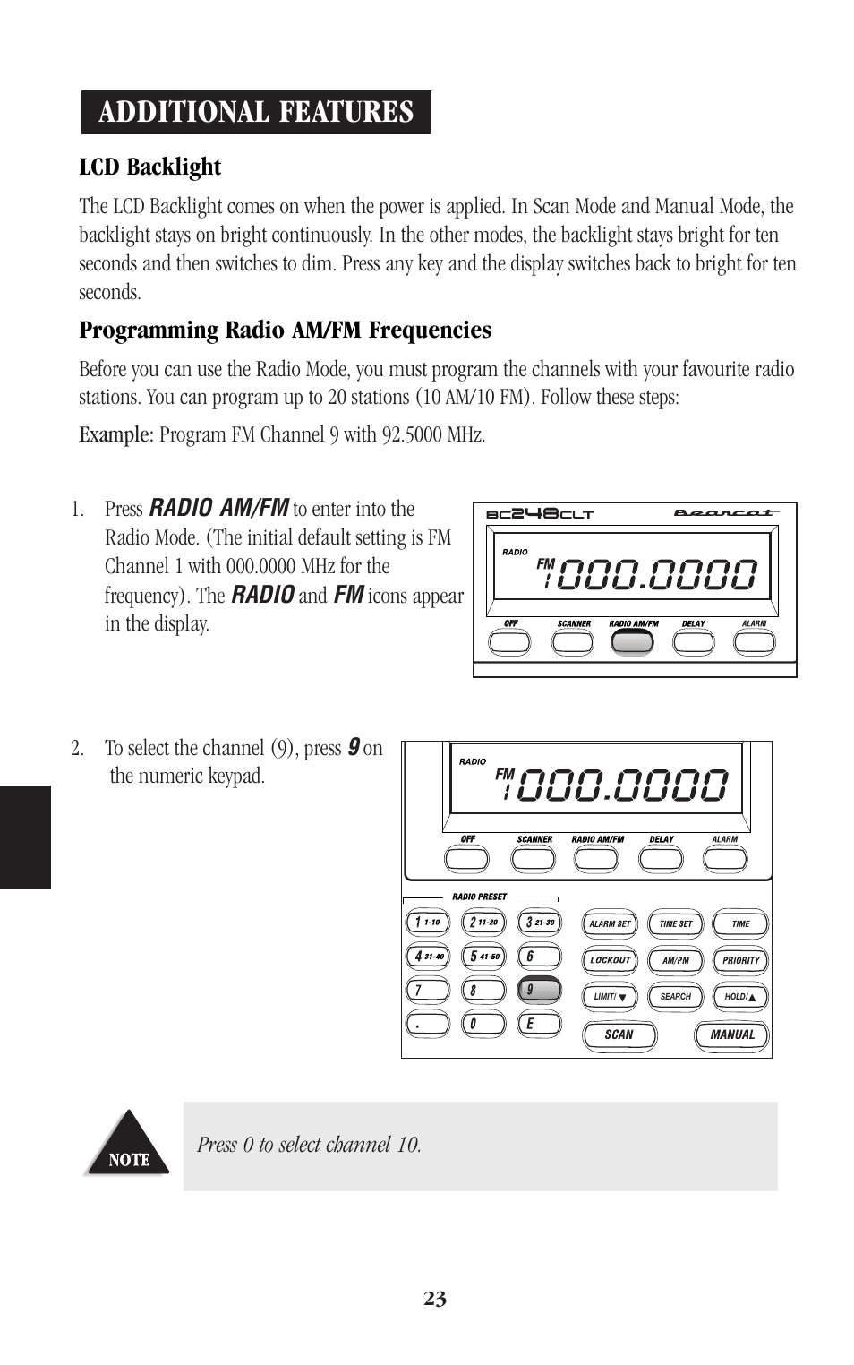 Additional features, Lcd backlight, Programming radio am/fm frequencies | Uniden BEARCAT UBC248CLT User Manual | Page 26 / 40