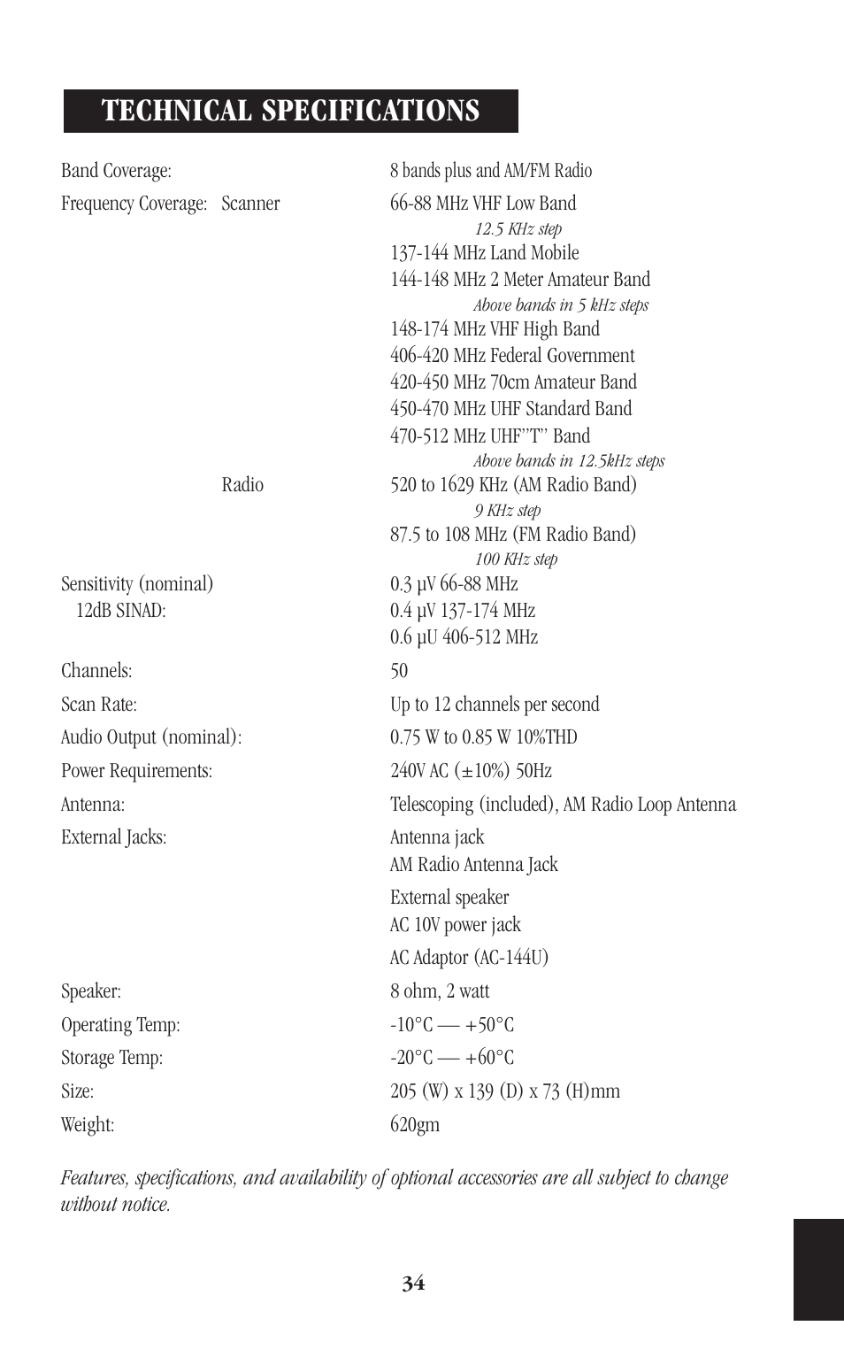 Technical specifications | Uniden BEARCAT UBC248CLT User Manual | Page 37 / 40