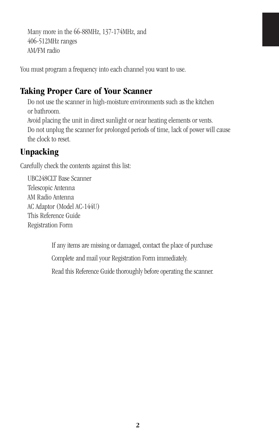 Taking proper care of your scanner, Unpacking | Uniden BEARCAT UBC248CLT User Manual | Page 5 / 40