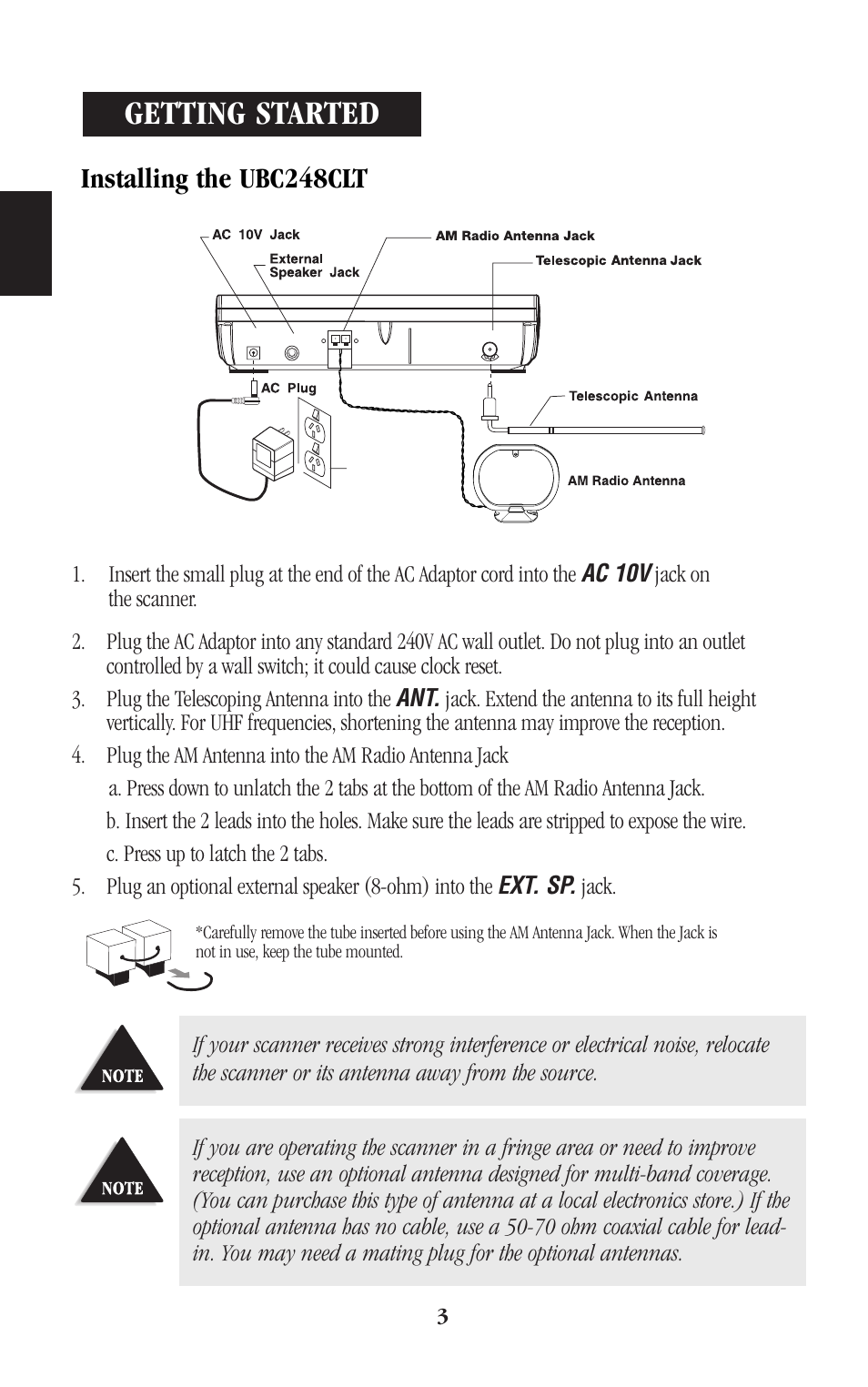 Getting started, Installing the ubc248clt | Uniden BEARCAT UBC248CLT User Manual | Page 6 / 40