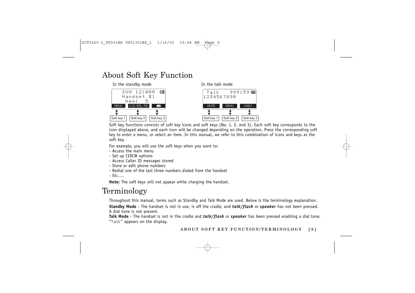 About soft key function, Terminology | Uniden DCT5260 User Manual | Page 11 / 64