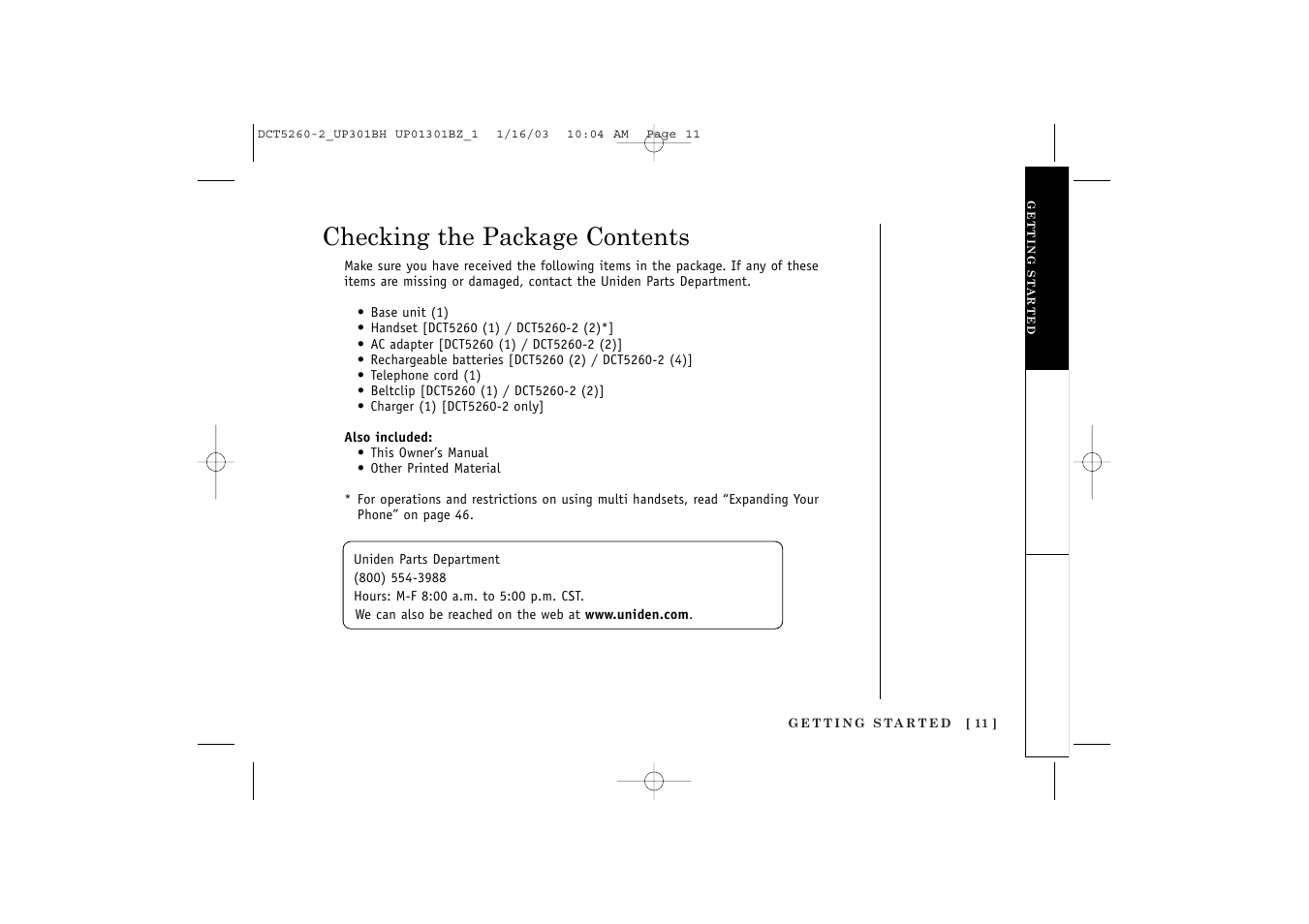 Checking the package contents | Uniden DCT5260 User Manual | Page 13 / 64