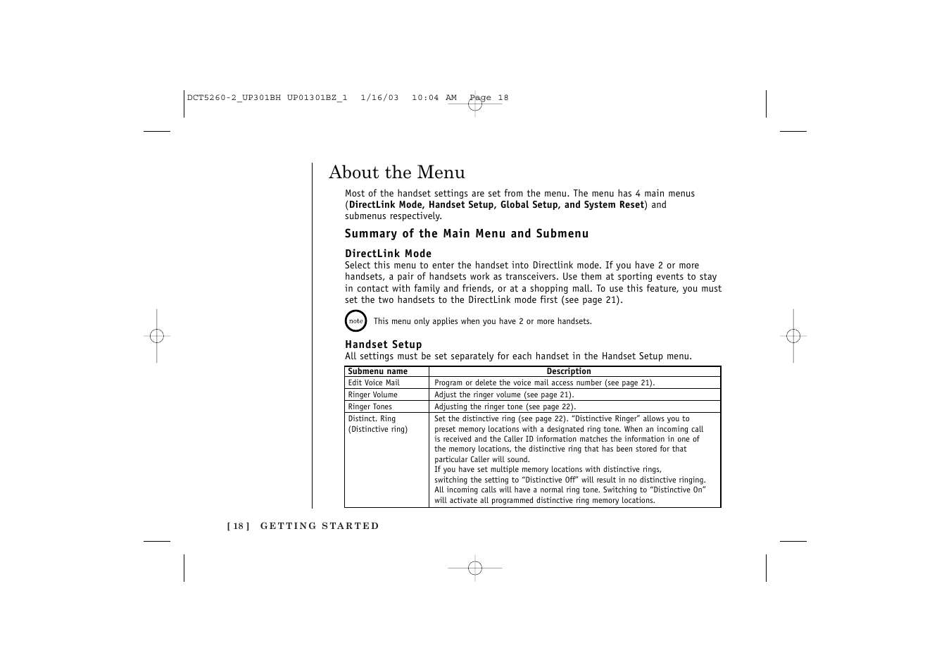 About the menu | Uniden DCT5260 User Manual | Page 20 / 64