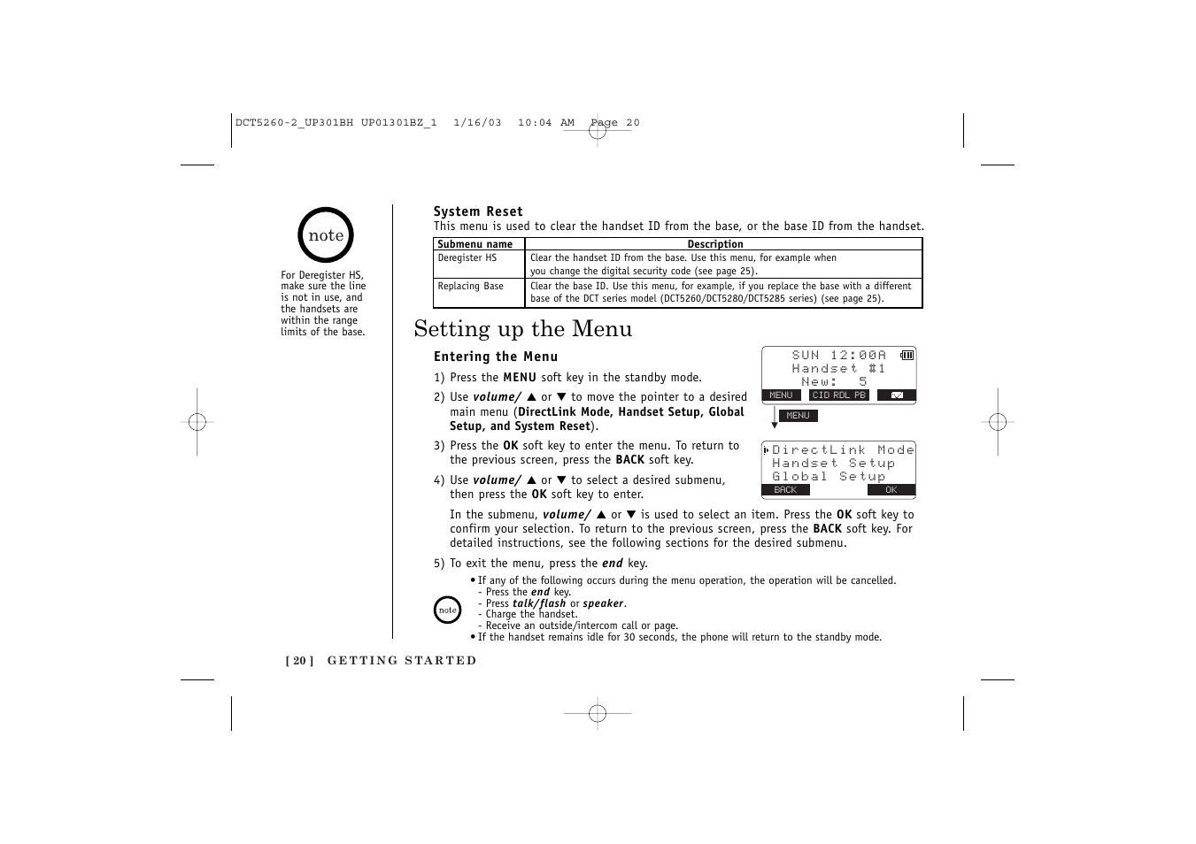 Setting up the menu | Uniden DCT5260 User Manual | Page 22 / 64