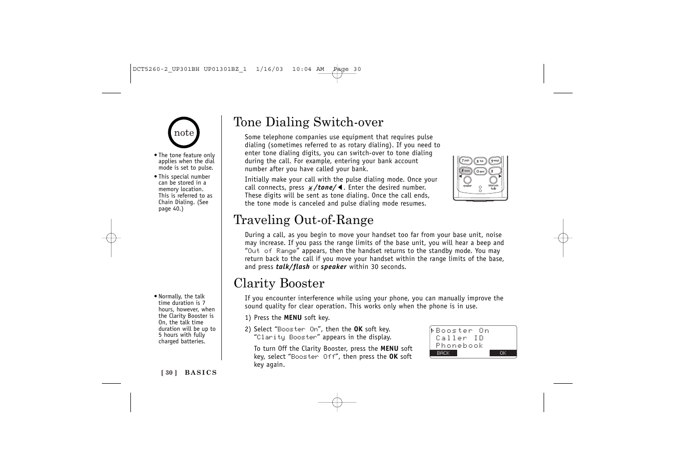 Tone dialing switch-over, Traveling out-of-range, Clarity booster | Uniden DCT5260 User Manual | Page 32 / 64