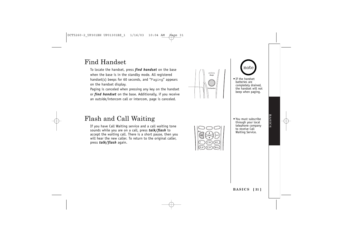 Find handset, Flash and call waiting | Uniden DCT5260 User Manual | Page 33 / 64