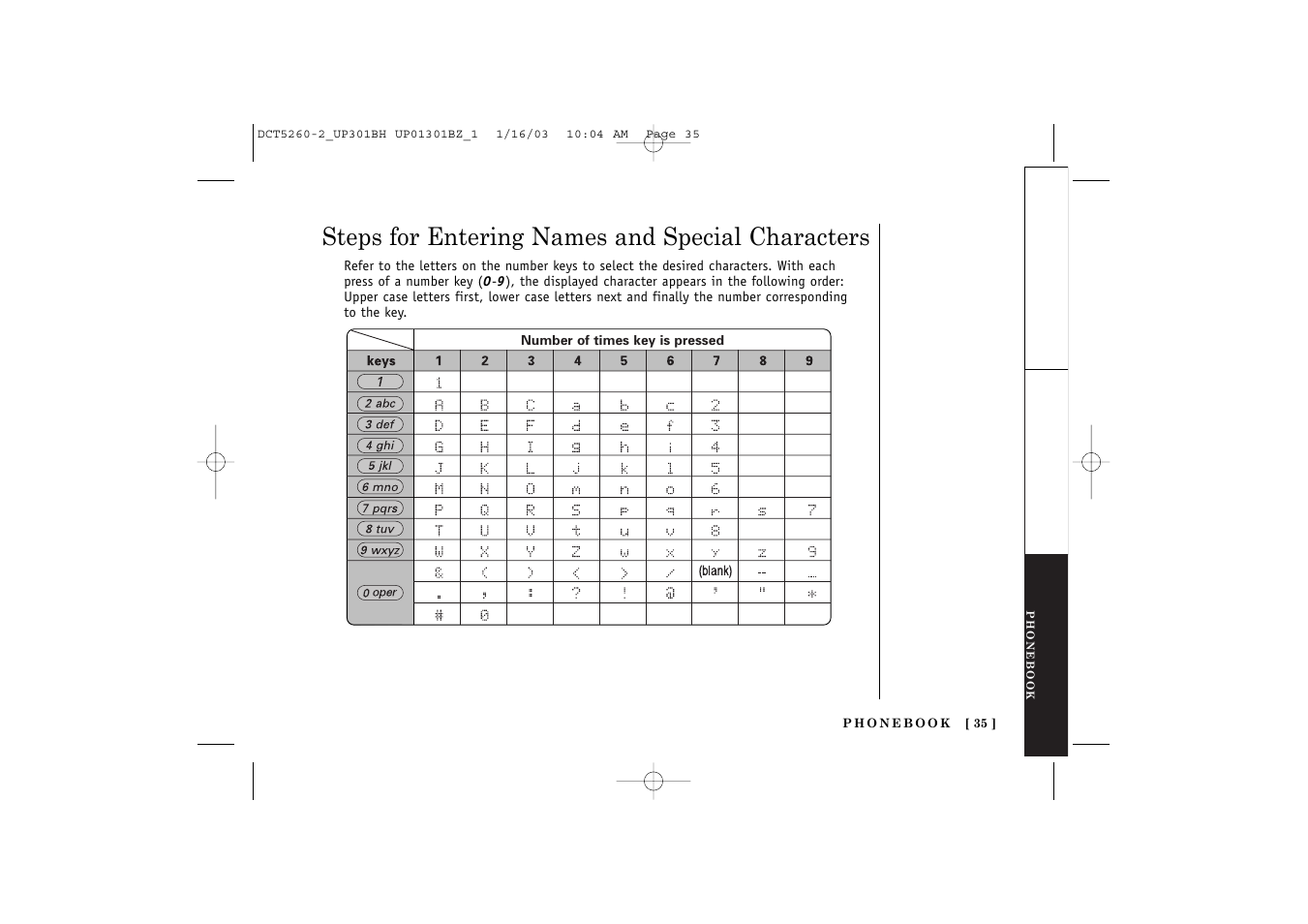 Steps for entering names and special characters | Uniden DCT5260 User Manual | Page 37 / 64