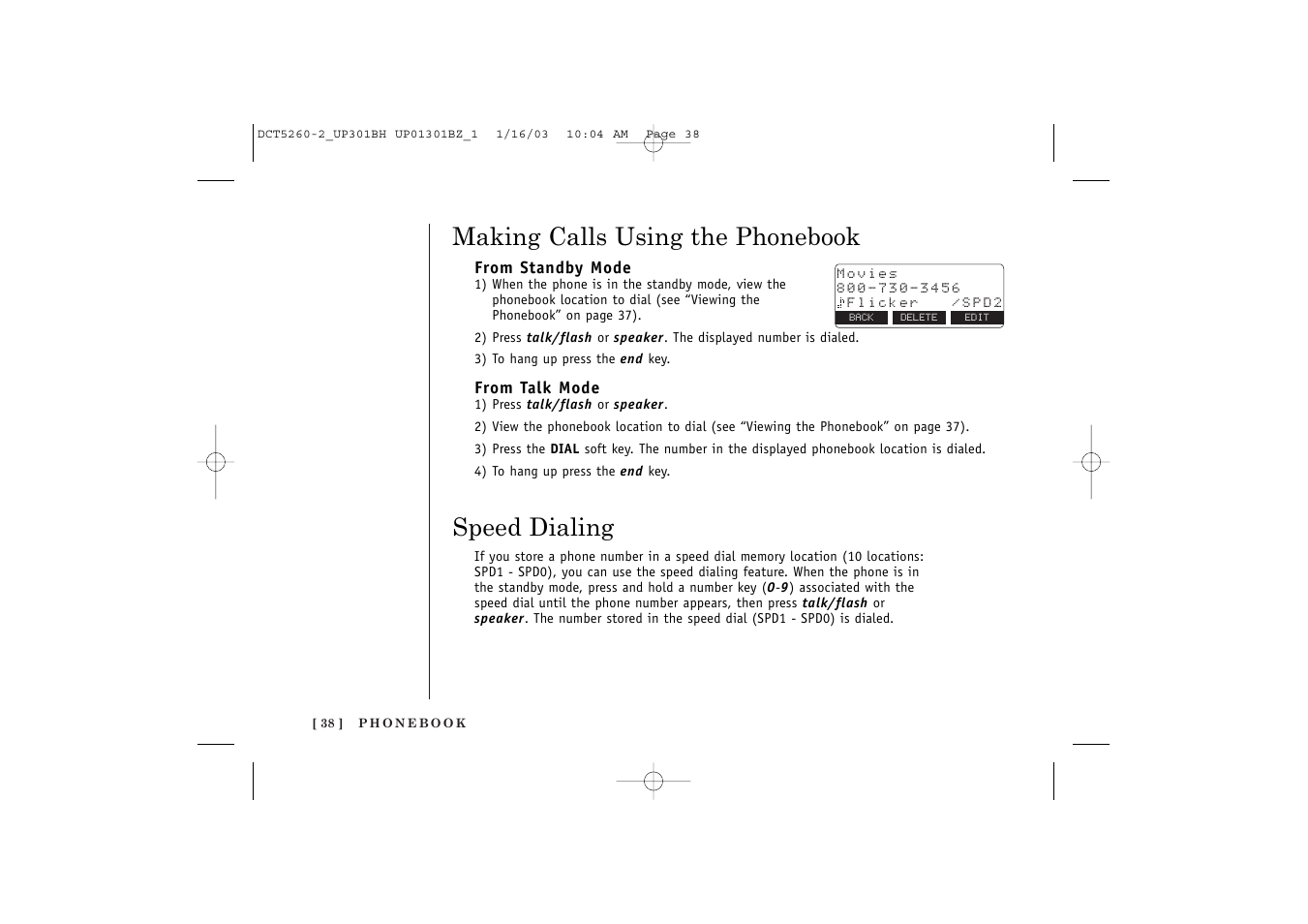 Making calls using the phonebook, Speed dialing | Uniden DCT5260 User Manual | Page 40 / 64