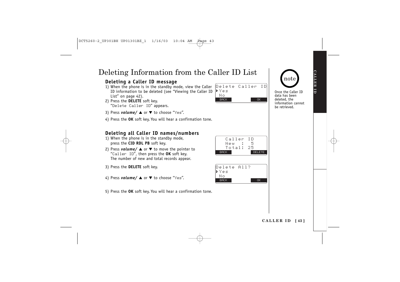 Deleting information from the caller id list | Uniden DCT5260 User Manual | Page 45 / 64