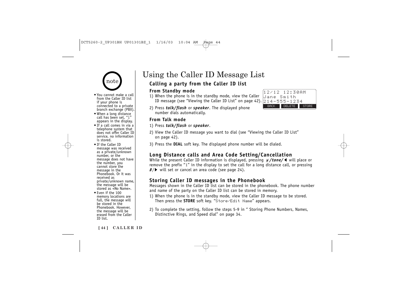 Using the caller id message list | Uniden DCT5260 User Manual | Page 46 / 64