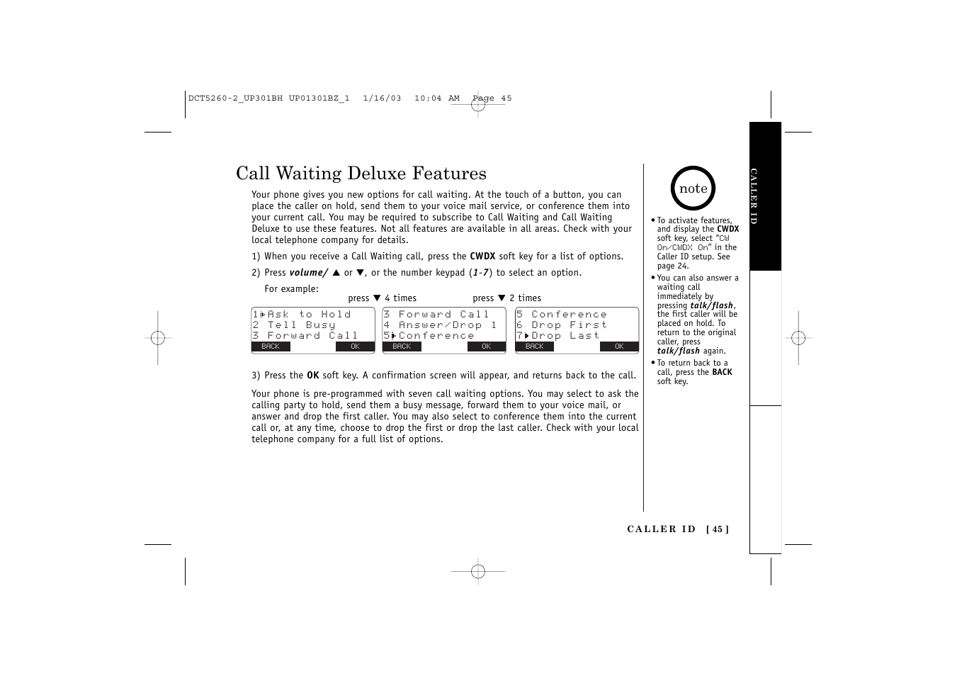 Call waiting deluxe features | Uniden DCT5260 User Manual | Page 47 / 64