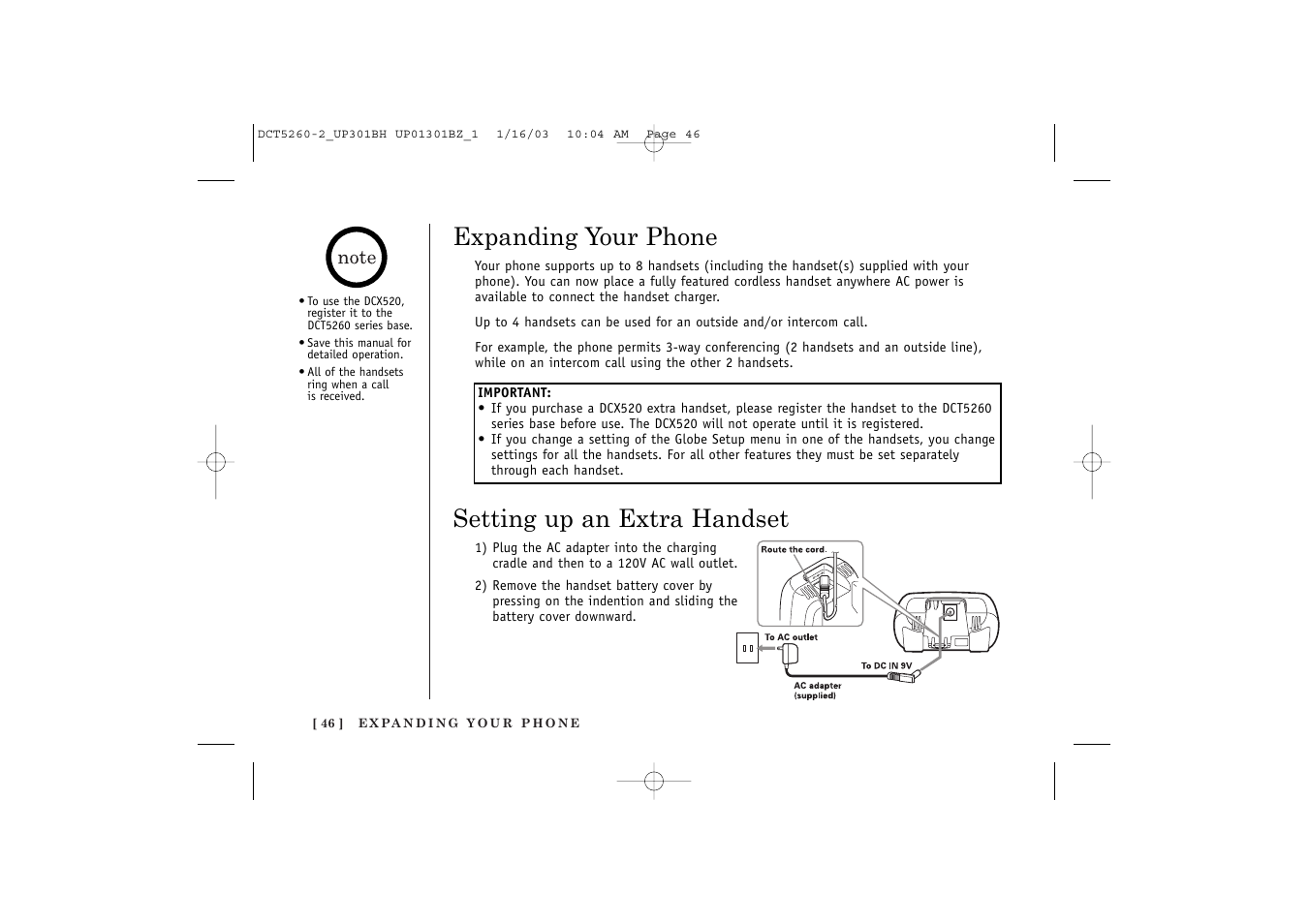 Setting up an extra handset, Expanding your phone | Uniden DCT5260 User Manual | Page 48 / 64