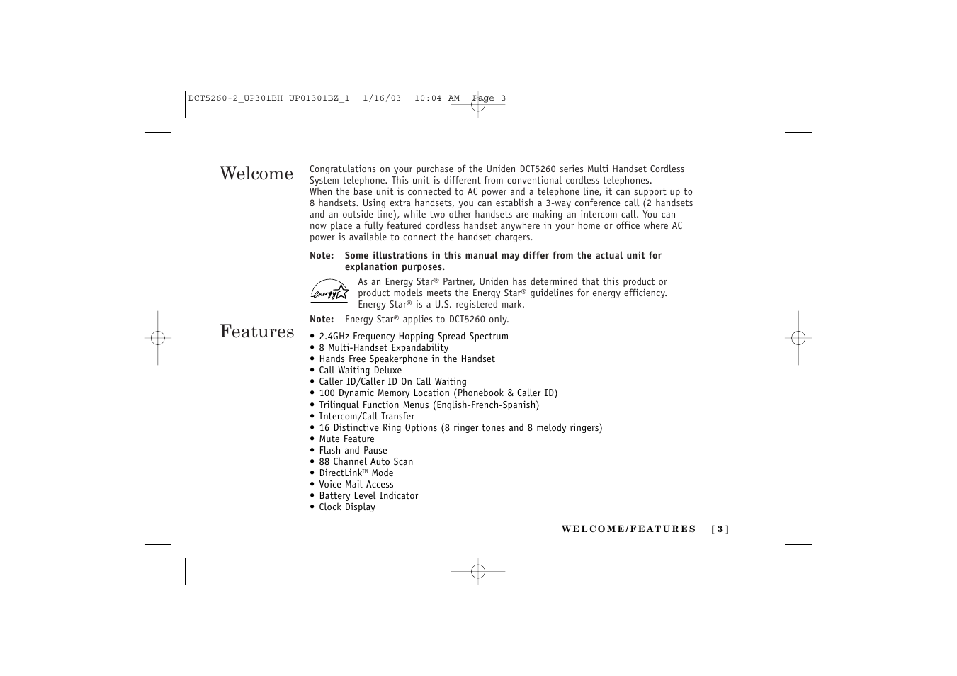 Welcome features | Uniden DCT5260 User Manual | Page 5 / 64