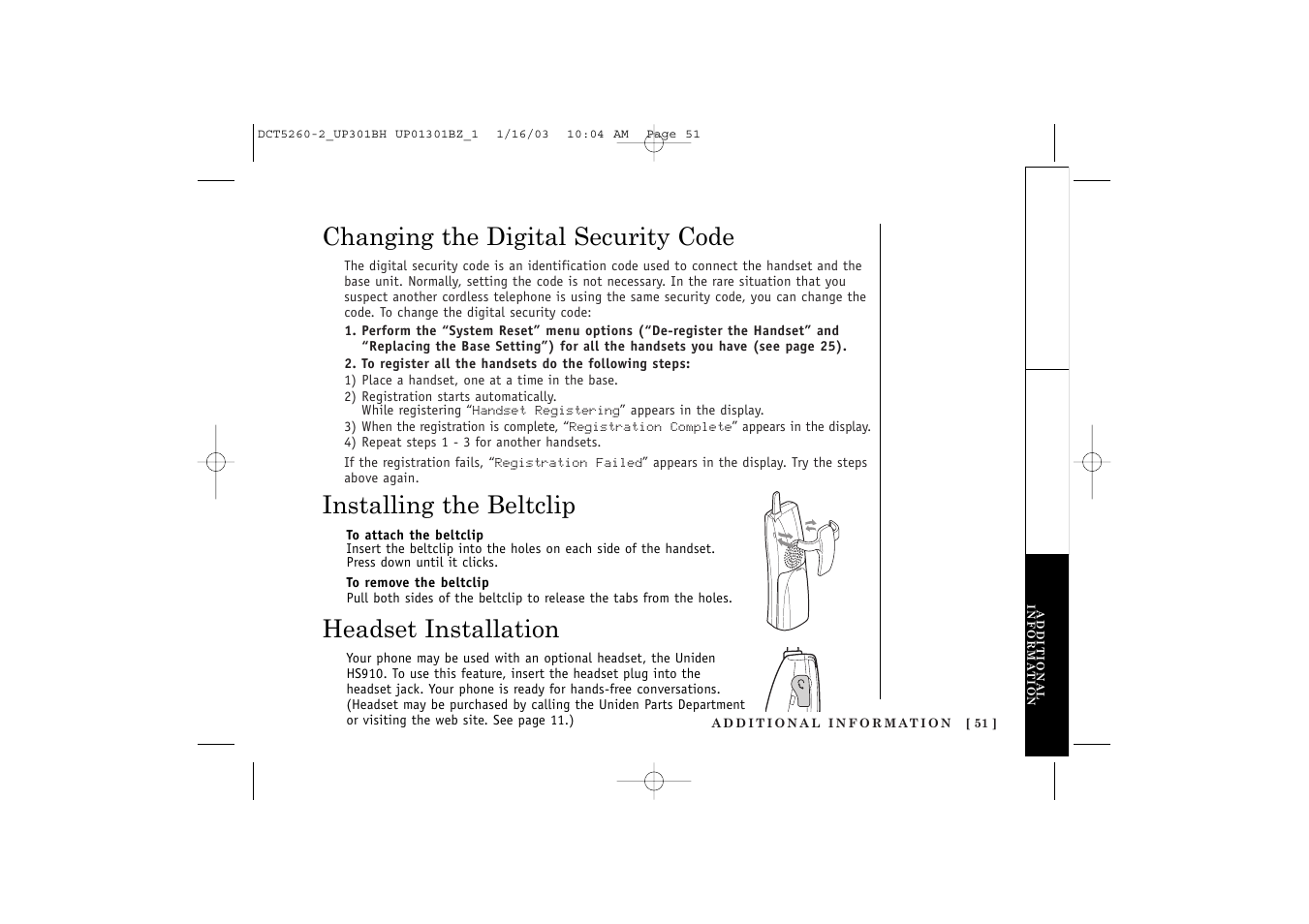 Headset installation | Uniden DCT5260 User Manual | Page 53 / 64