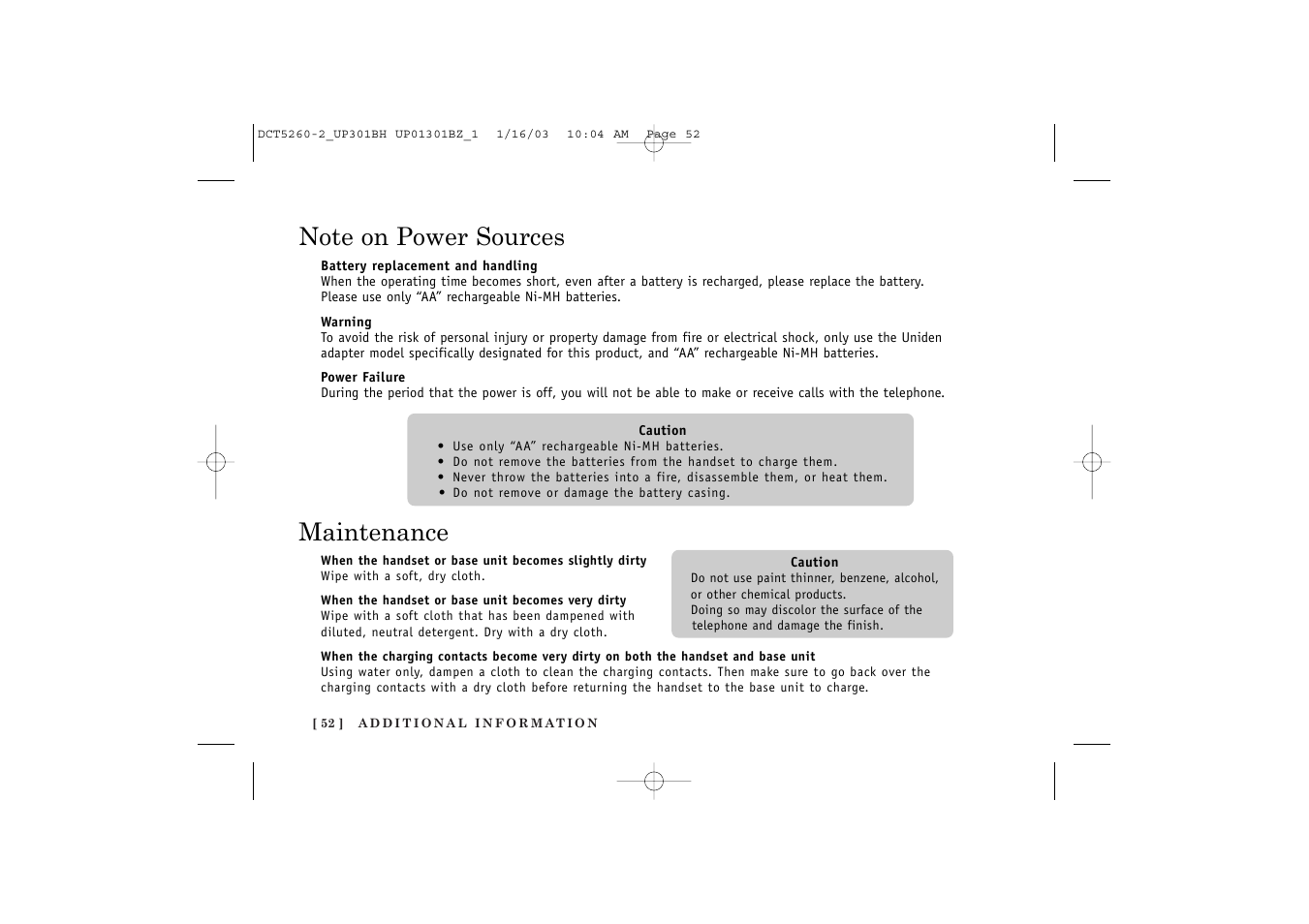 Maintenance | Uniden DCT5260 User Manual | Page 54 / 64