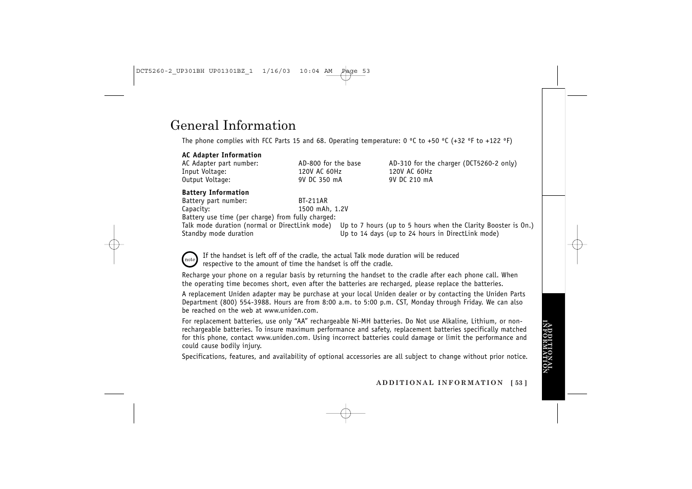 General information | Uniden DCT5260 User Manual | Page 55 / 64