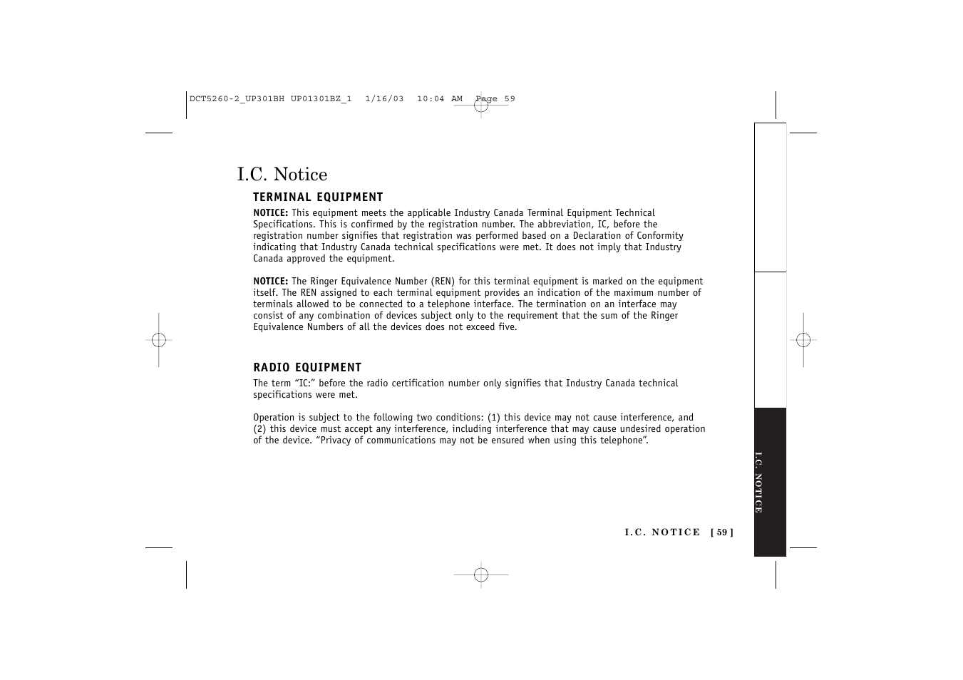 I.c. notice | Uniden DCT5260 User Manual | Page 61 / 64