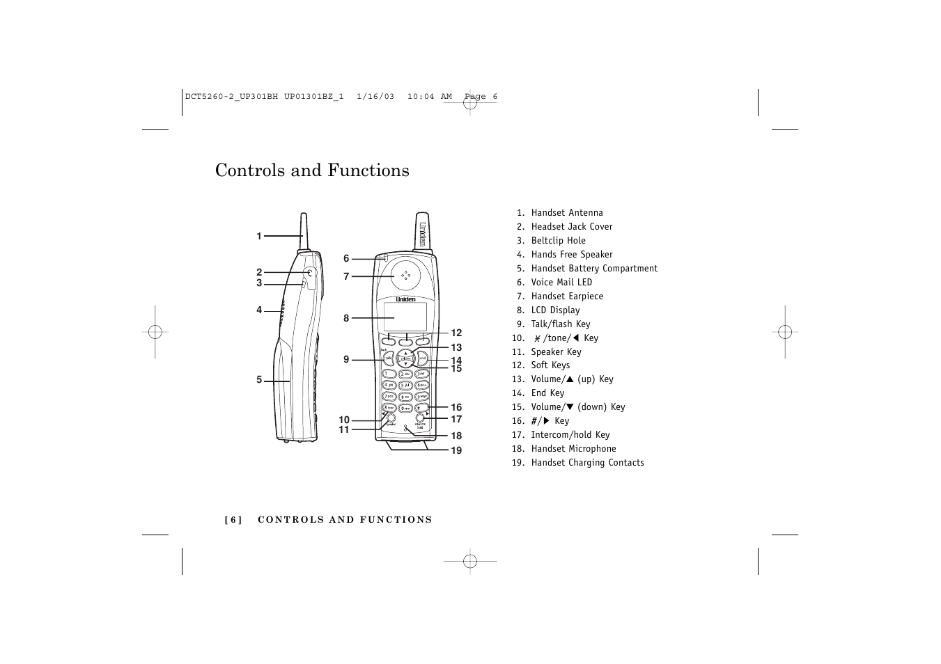 Controls and functions | Uniden DCT5260 User Manual | Page 8 / 64