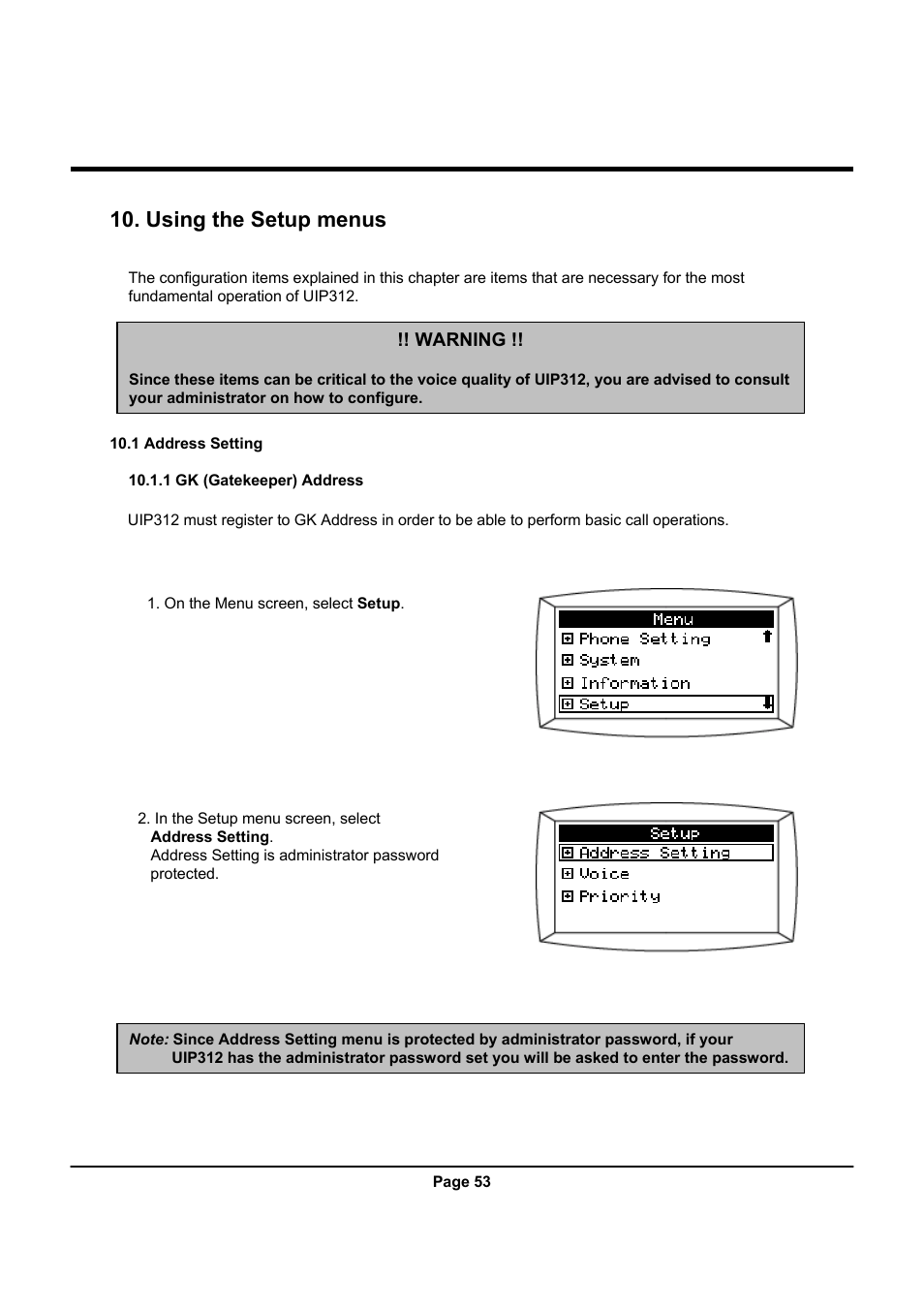 Using the setup menus | Uniden UIP312 User Manual | Page 57 / 72