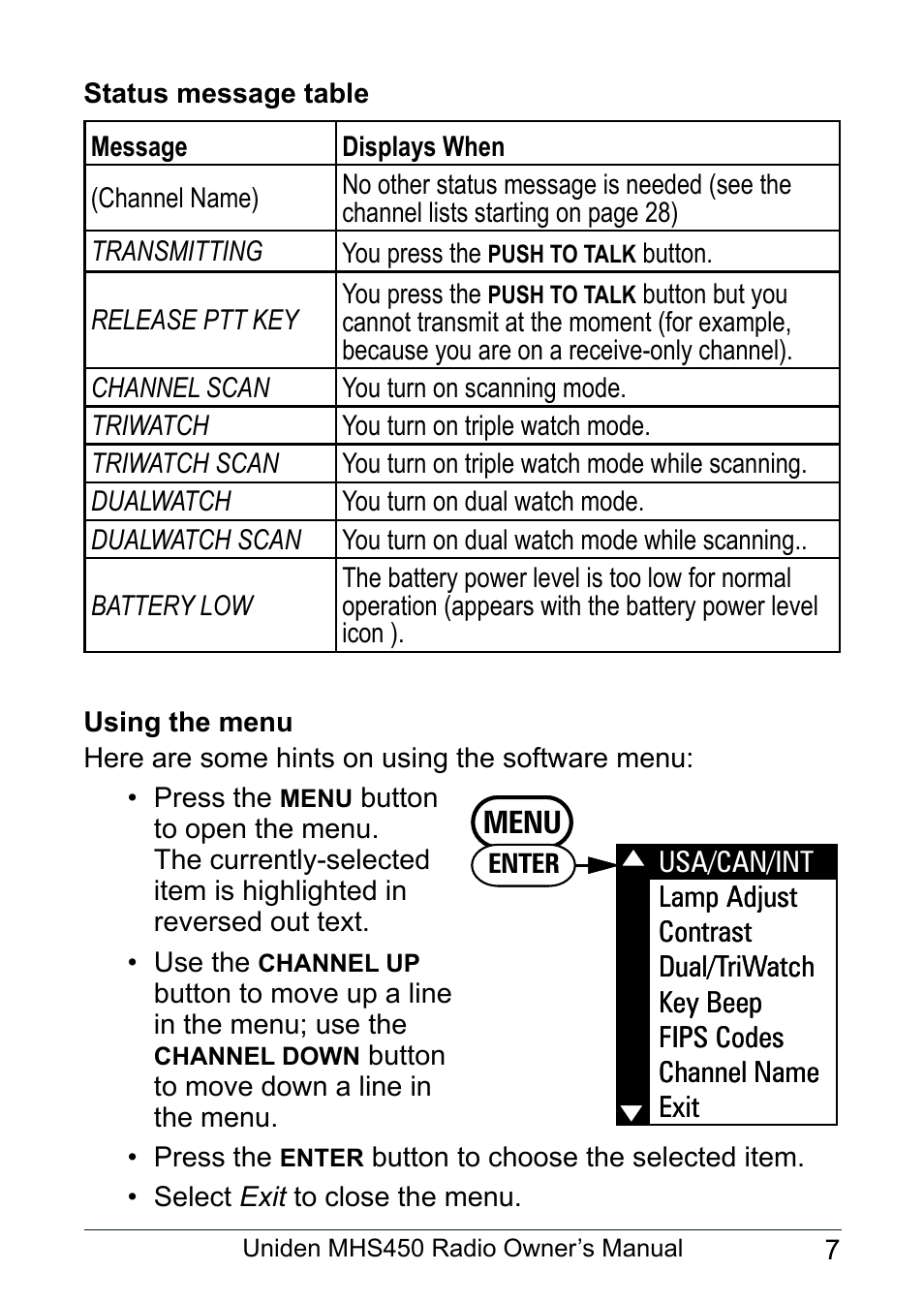 Status message table, Using the menu | Uniden MHS450 User Manual | Page 11 / 44