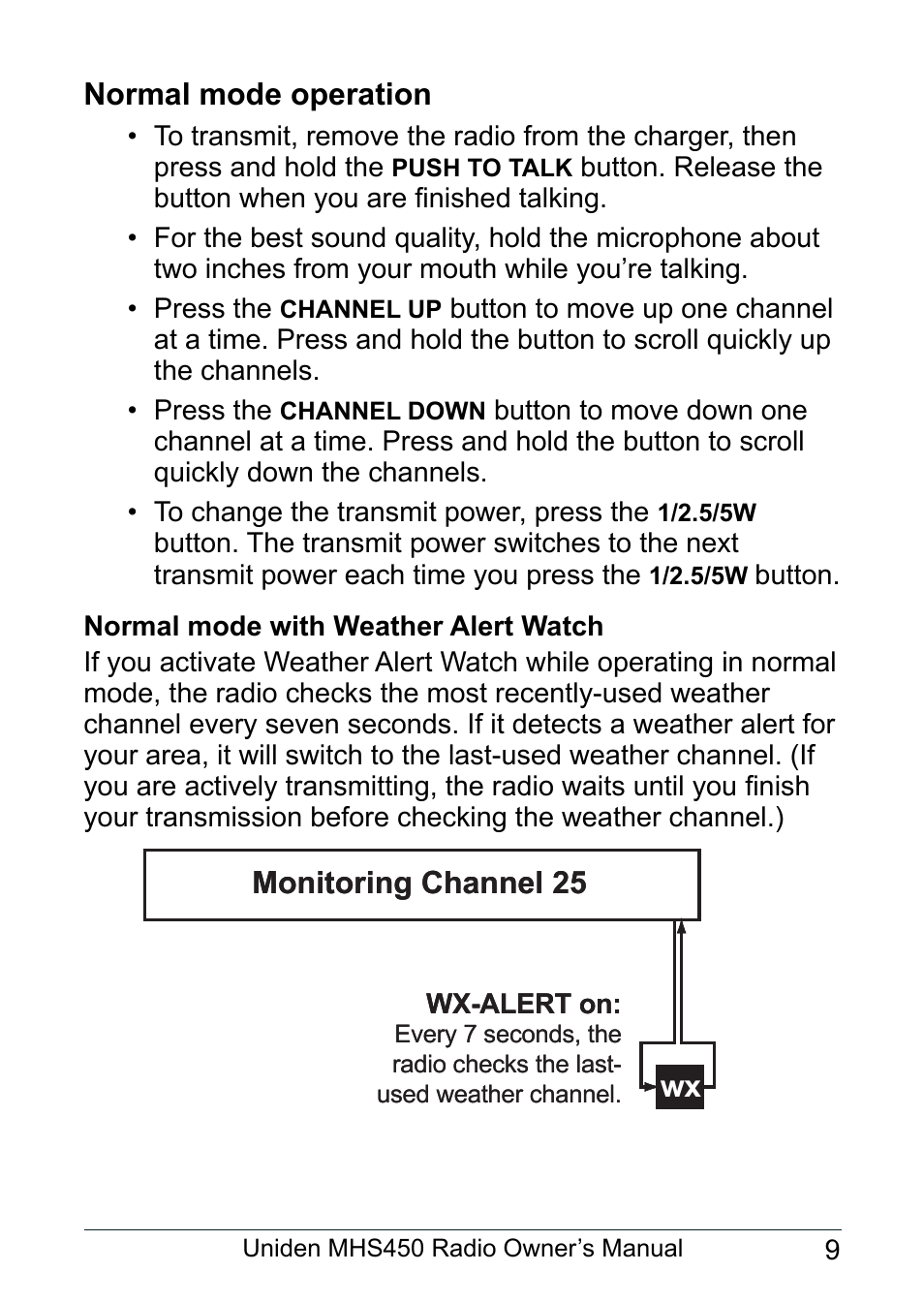 Normal mode operation, Normal mode with weather alert watch | Uniden MHS450 User Manual | Page 13 / 44