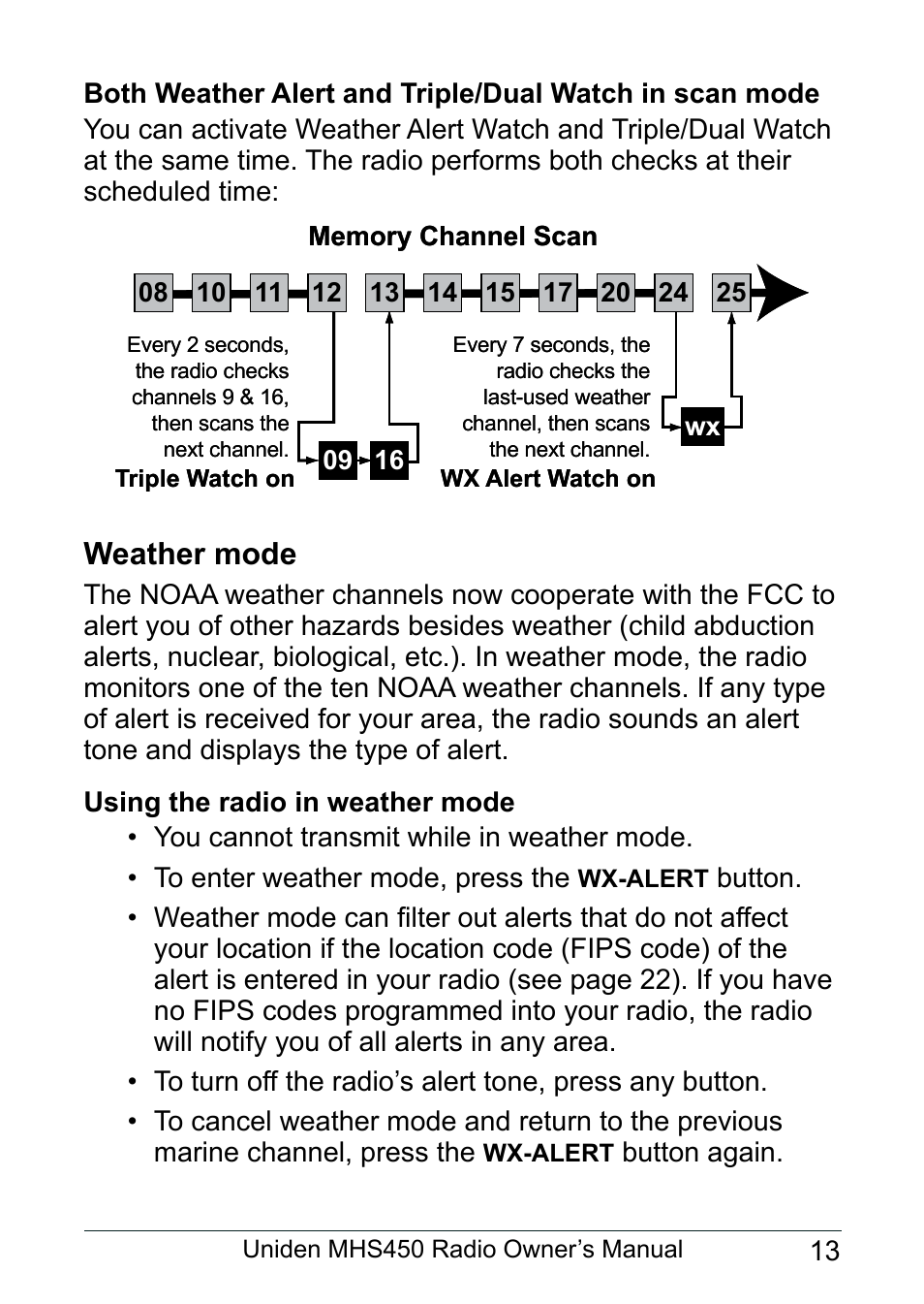 Weather mode, Using the radio in weather mode | Uniden MHS450 User Manual | Page 17 / 44