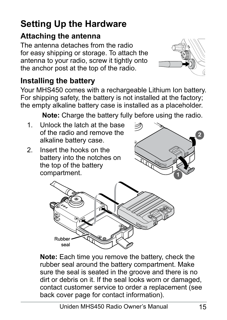 Setting up the hardware, Attaching the antenna, Installing the battery | Uniden MHS450 User Manual | Page 19 / 44