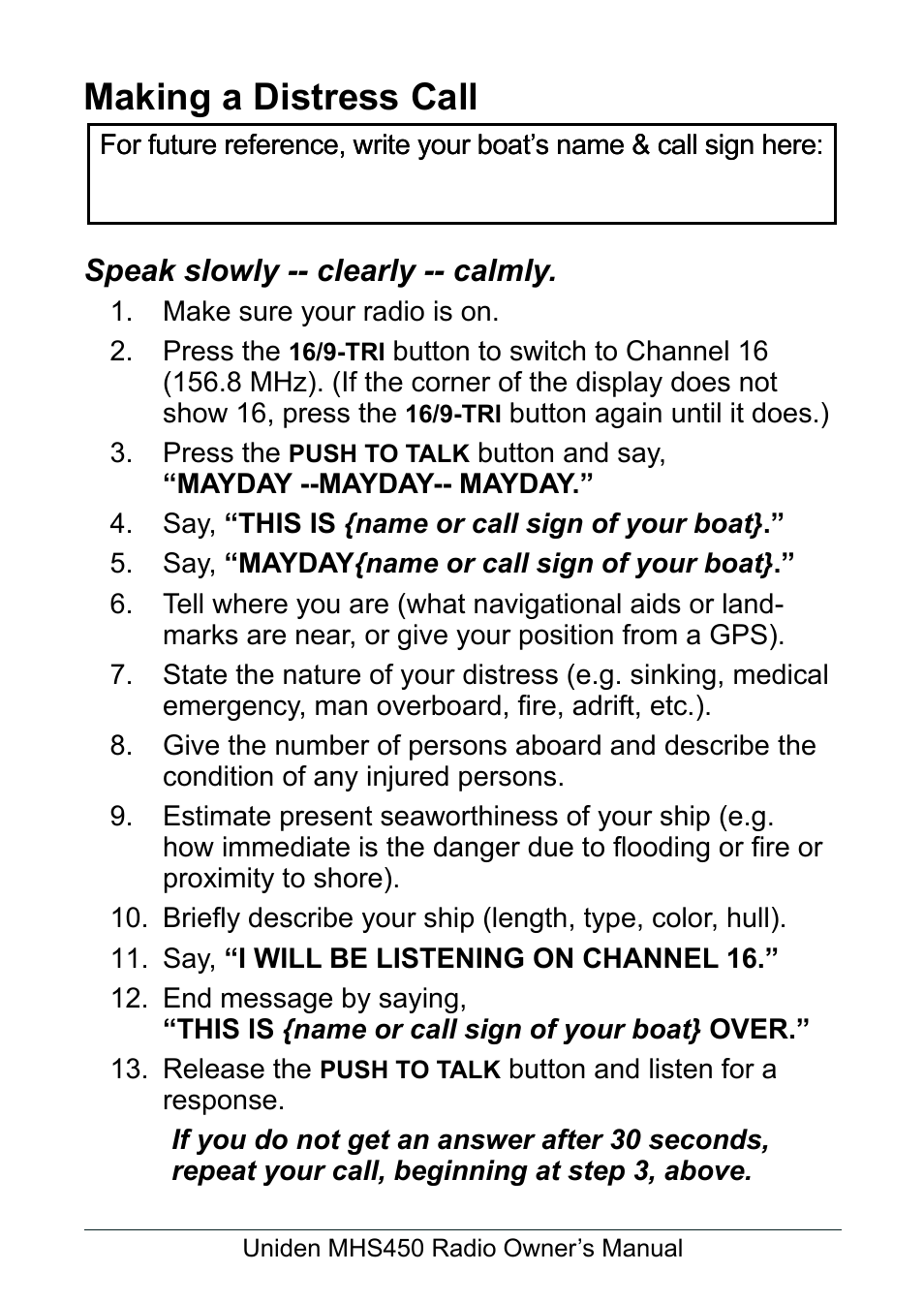 Making a distress call | Uniden MHS450 User Manual | Page 2 / 44