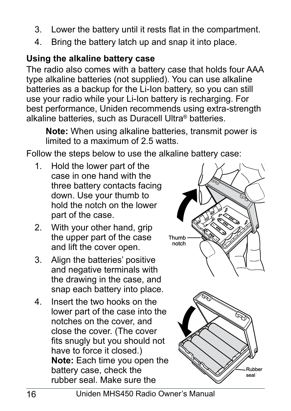 Using the alkaline battery case | Uniden MHS450 User Manual | Page 20 / 44