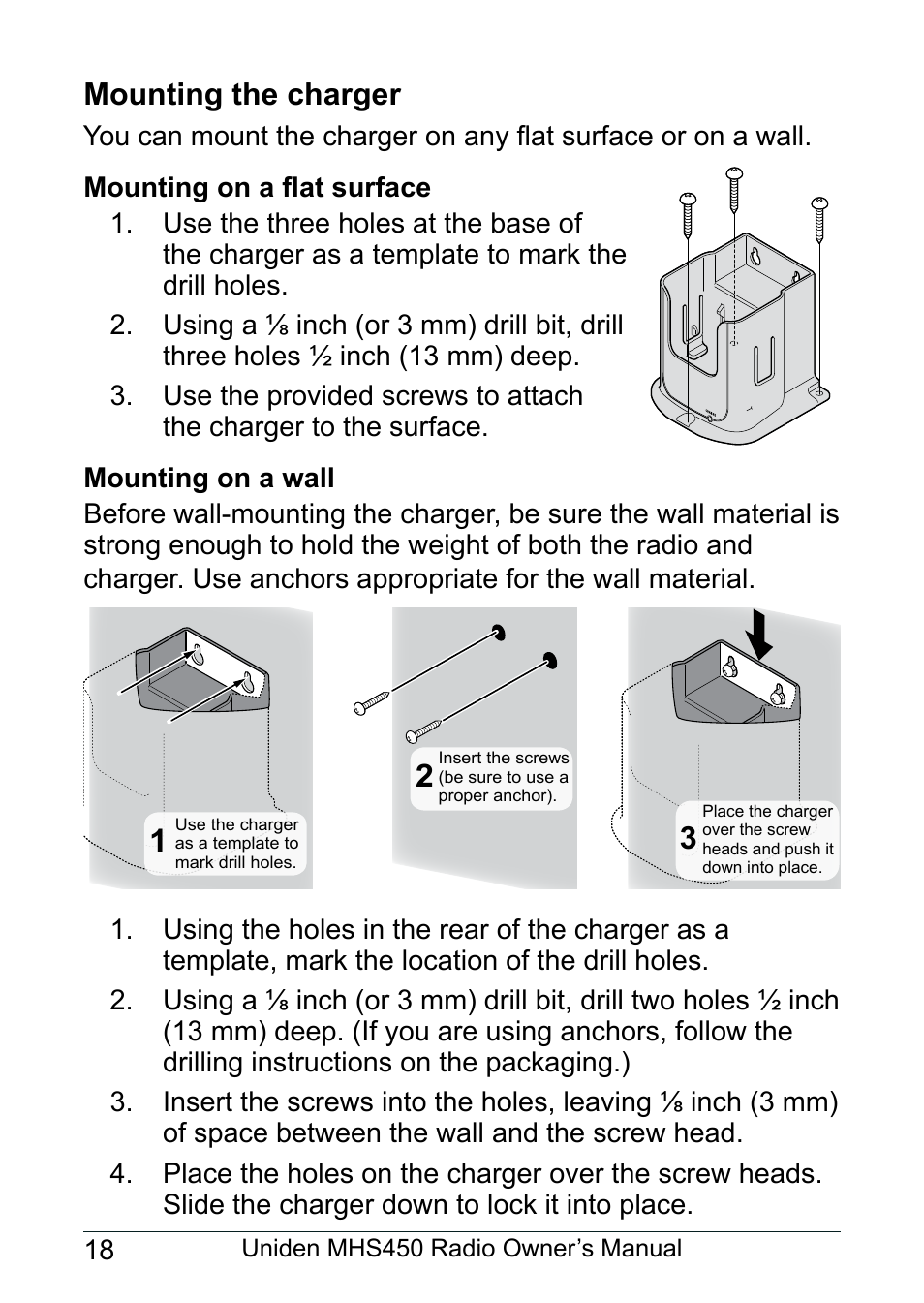 Mounting the charger, Mounting on a flat surface, Mounting on a wall | Uniden MHS450 User Manual | Page 22 / 44