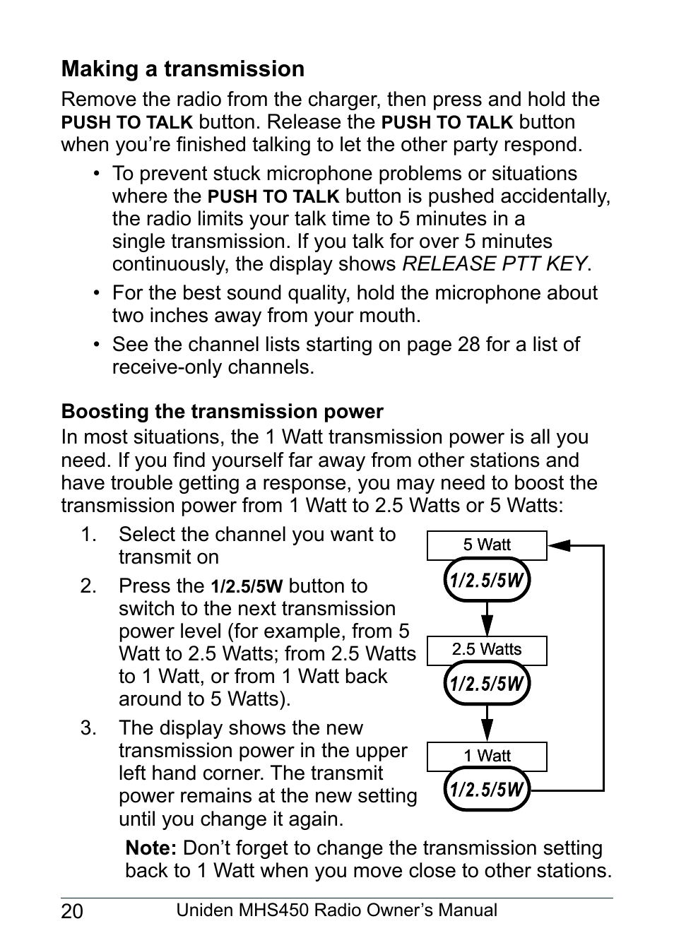 Making a transmission, Boosting the transmission power | Uniden MHS450 User Manual | Page 24 / 44