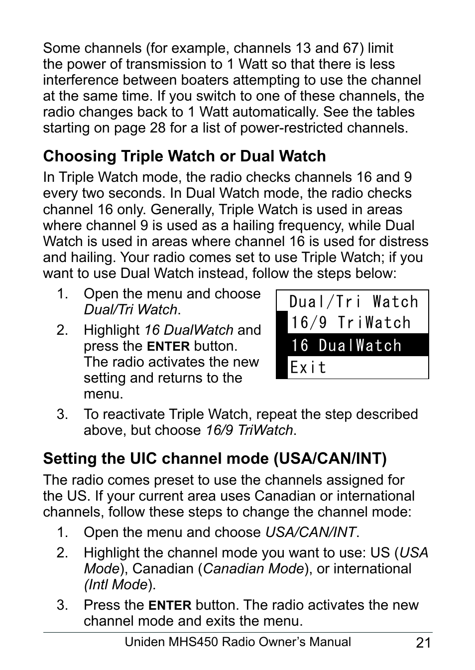 Choosing triple watch or dual watch, Setting the uic channel mode (usa/can/int) | Uniden MHS450 User Manual | Page 25 / 44
