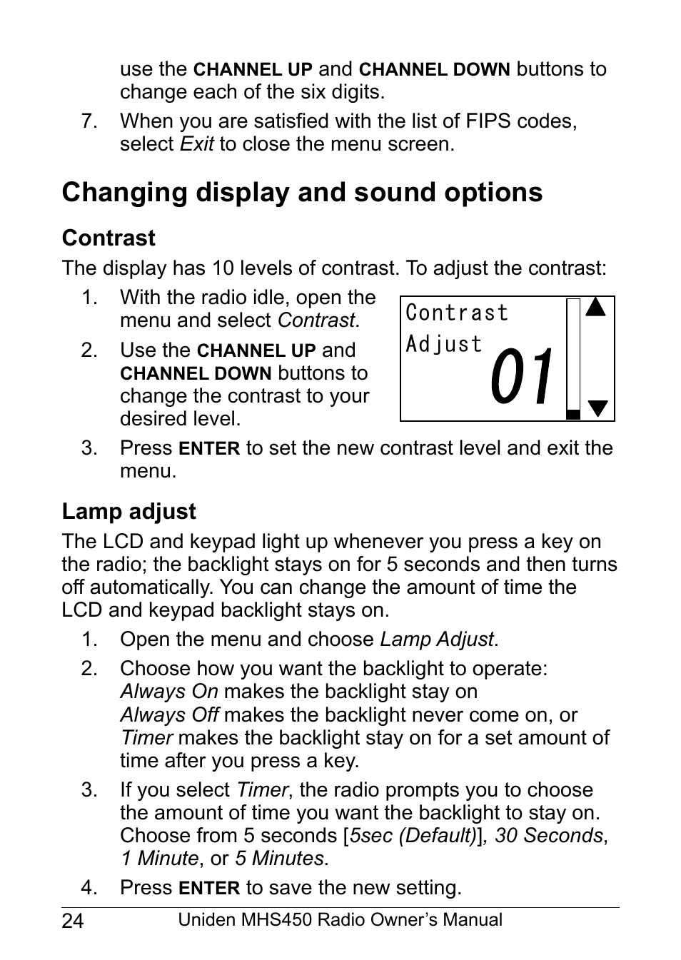 Changing display and sound options, Contrast, Lamp adjust | Uniden MHS450 User Manual | Page 28 / 44