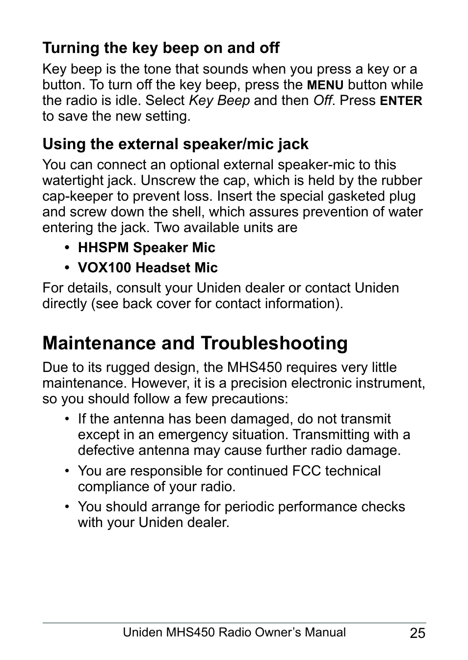 Turning the key beep on and off, Using the external speaker/mic jack, Maintenance and troubleshooting | Uniden MHS450 User Manual | Page 29 / 44