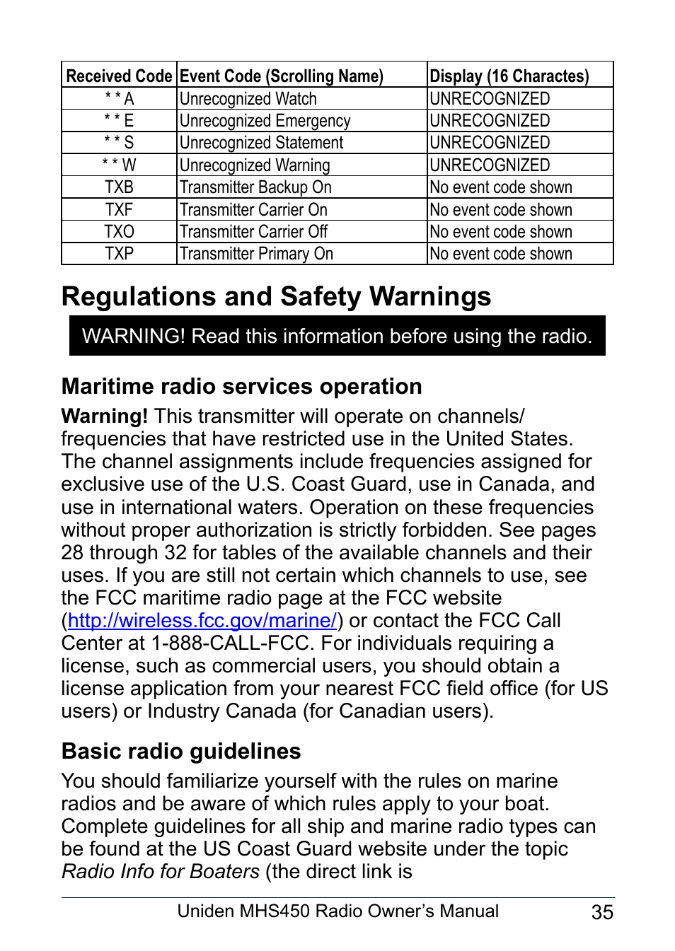 Regulations and safety warnings, Maritime radio services operation, Basic radio guidelines | Uniden MHS450 User Manual | Page 39 / 44