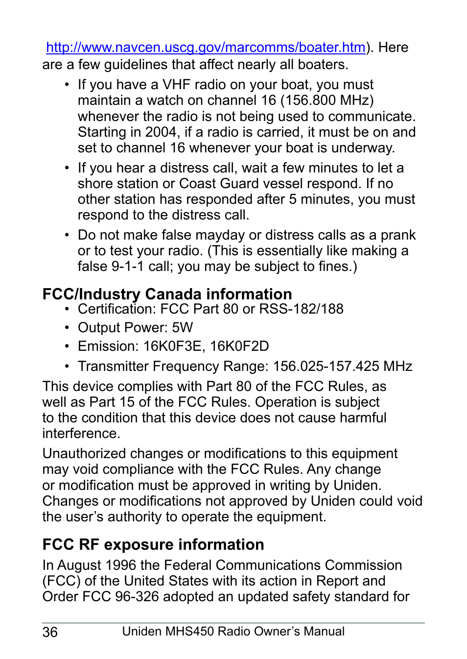 Fcc/industry canada information, Fcc rf exposure information | Uniden MHS450 User Manual | Page 40 / 44