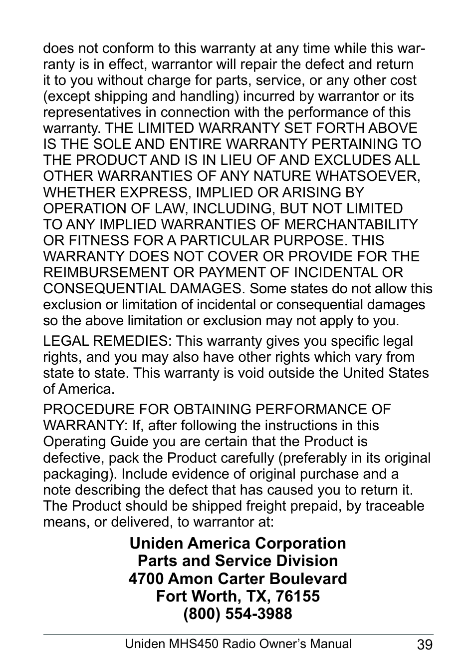 Uniden MHS450 User Manual | Page 43 / 44