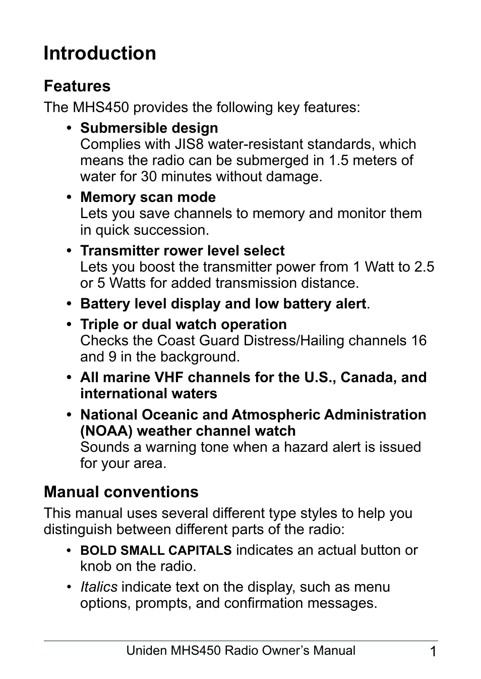 Introduction, Features, Manual conventions | Uniden MHS450 User Manual | Page 5 / 44