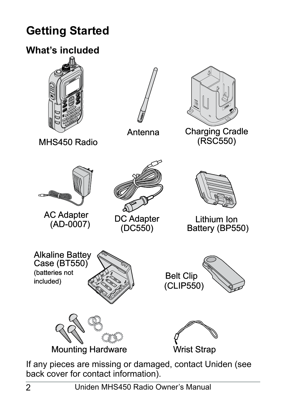 Getting started, What’s included | Uniden MHS450 User Manual | Page 6 / 44