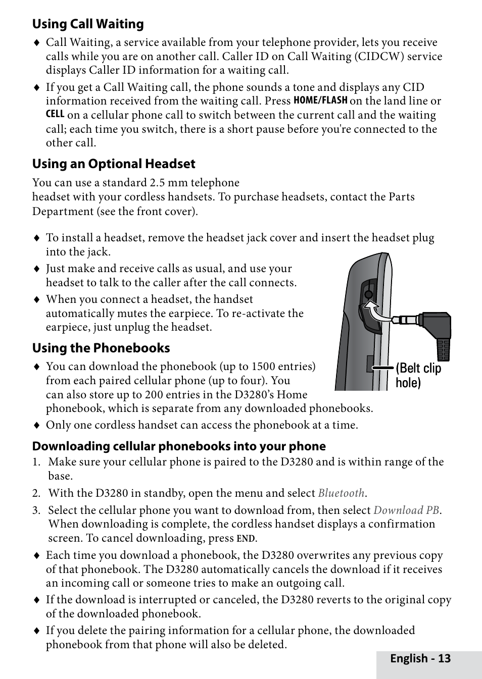 Using call waiting, Using an optional headset, Using the phonebooks | Uniden D3280 User Manual | Page 13 / 26