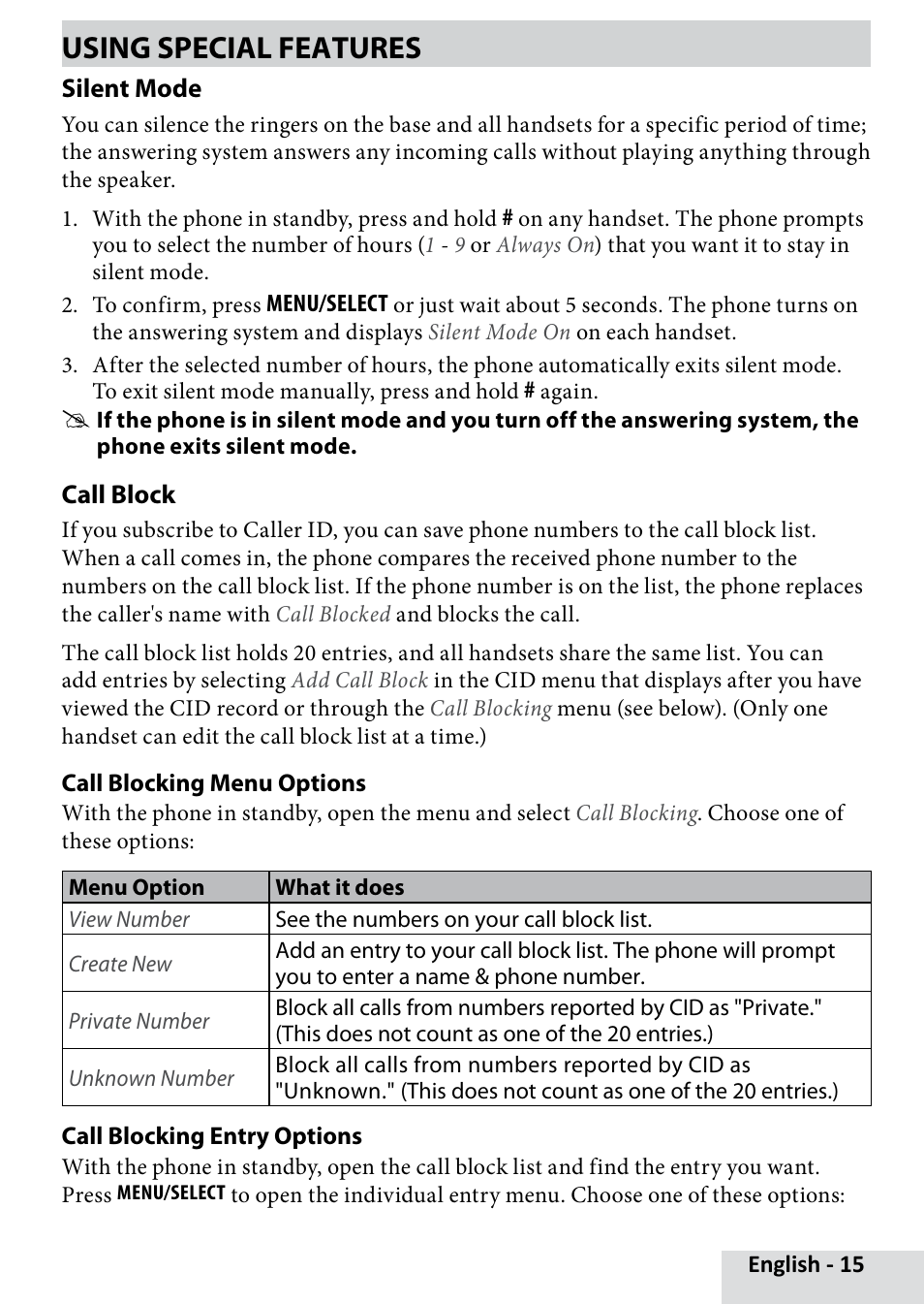 Using special features, Silent mode, Call block | Uniden D3280 User Manual | Page 15 / 26