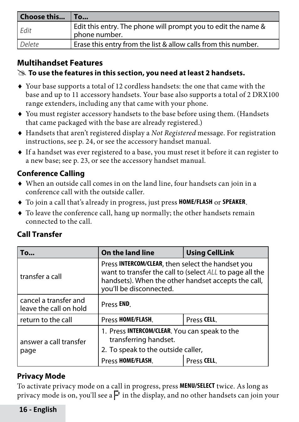 Multihandset features | Uniden D3280 User Manual | Page 16 / 26