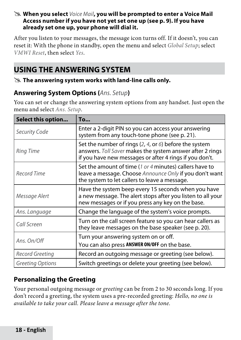 Using the answering system, Answering system options, Ans. setup | Personalizing the greeting | Uniden D3280 User Manual | Page 18 / 26