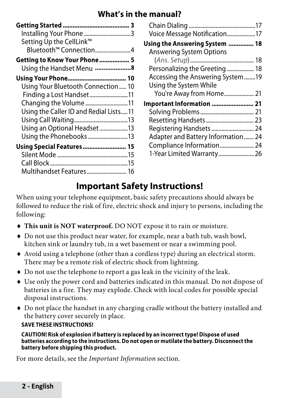 Important safety instructions, What’s in the manual | Uniden D3280 User Manual | Page 2 / 26