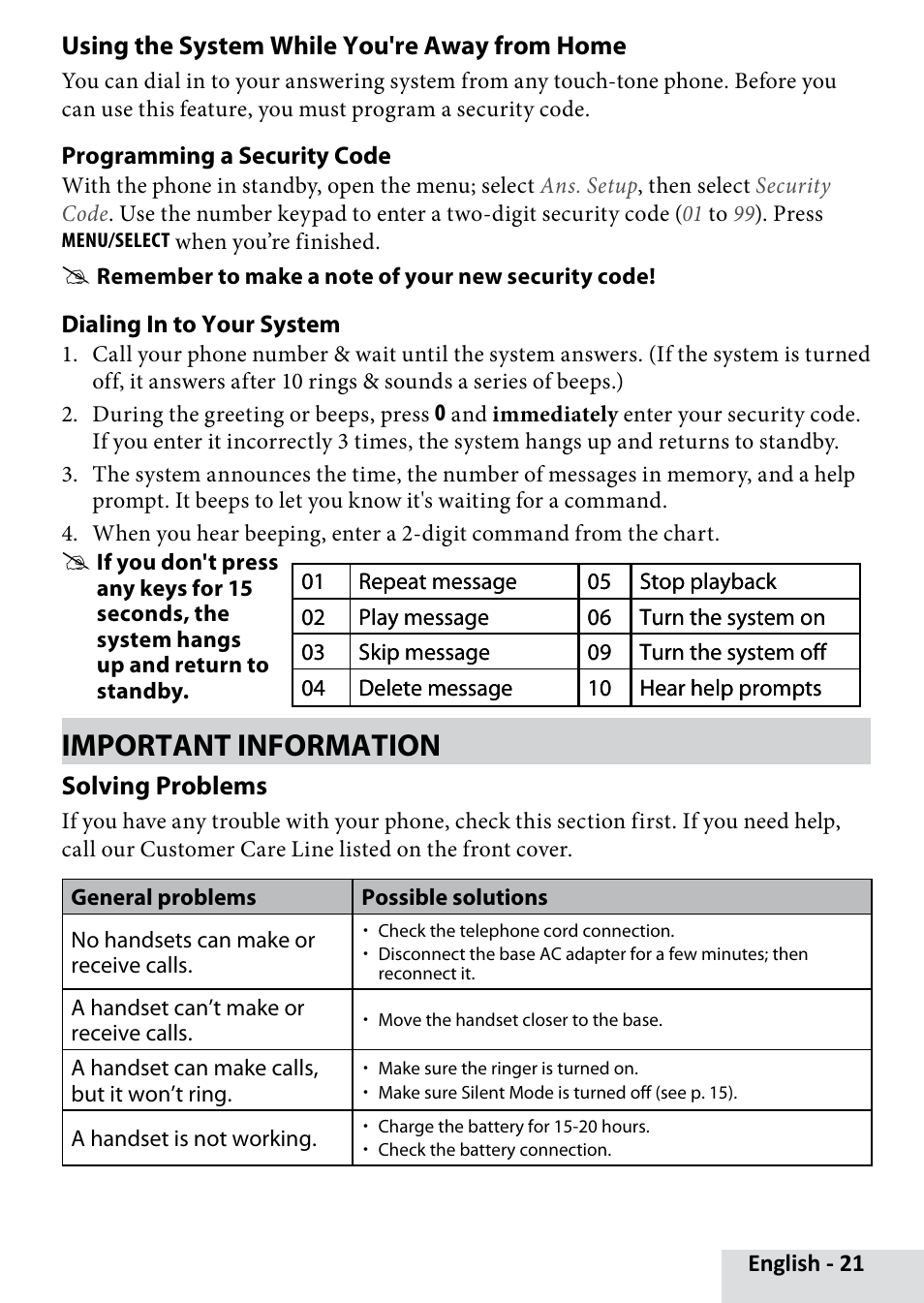 Using the system while, You're away from home, Important information | Solving problems | Uniden D3280 User Manual | Page 21 / 26