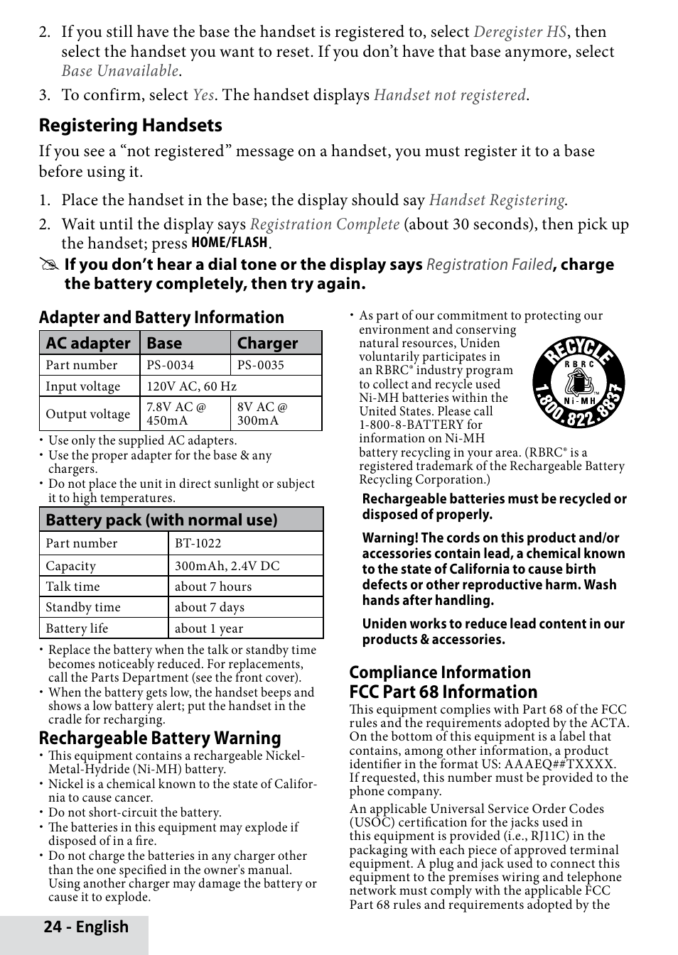 Registering handsets, Adapter and battery information, Compliance information | Rechargeable battery warning, Fcc part 68 information, English | Uniden D3280 User Manual | Page 24 / 26